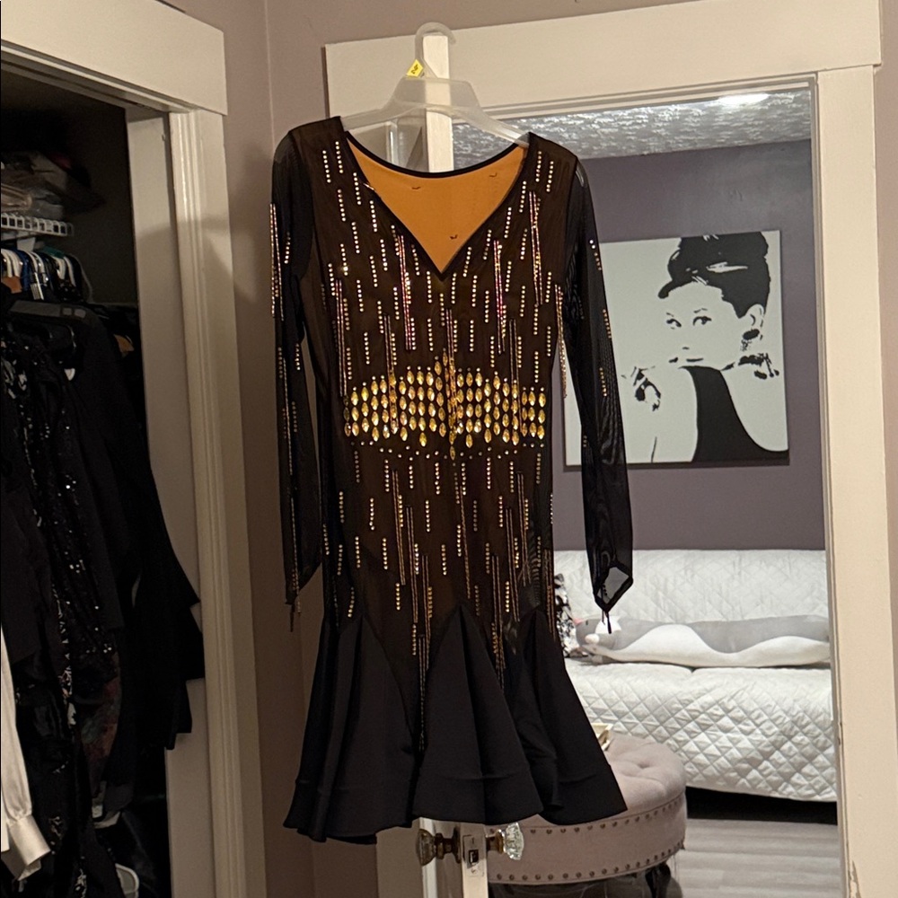 Black and Gold Long Sleeve Latin Ballroom Dress